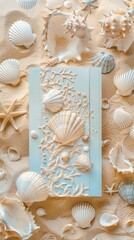 A variety of seashells arranged artistically around a decorative piece on sand