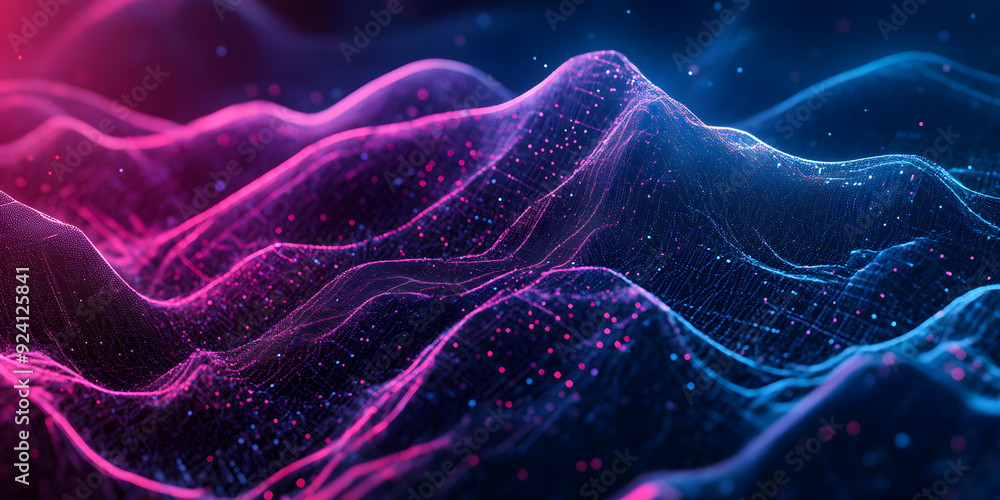 Poster abstract wavy background of many lines and dots with a blue-violet gradient. waves. neon colors