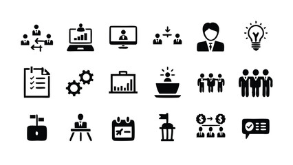 A set of flat icons representing various aspects of office and business work.