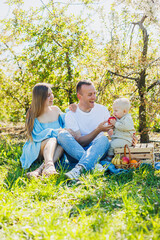 Father and mother holding little son in nature, concept of beautiful family bonds. Family portrait of parents with a little son. The concept of a happy family