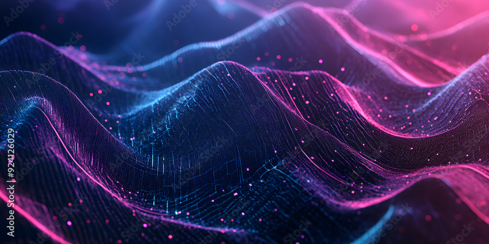 Poster abstract wavy background of many lines and dots with a blue-violet gradient. waves. neon colors