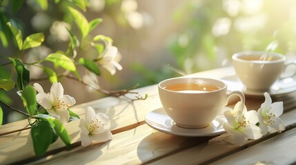 Fototapeta premium White cups with green tea and fresh green leaves