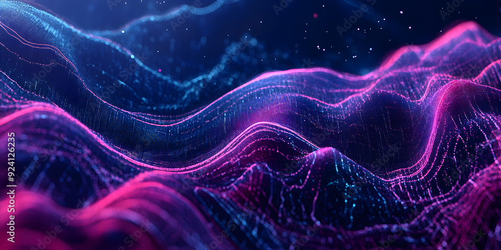 Poster abstract wavy background of many lines and dots with a blue-violet gradient. waves. neon colors