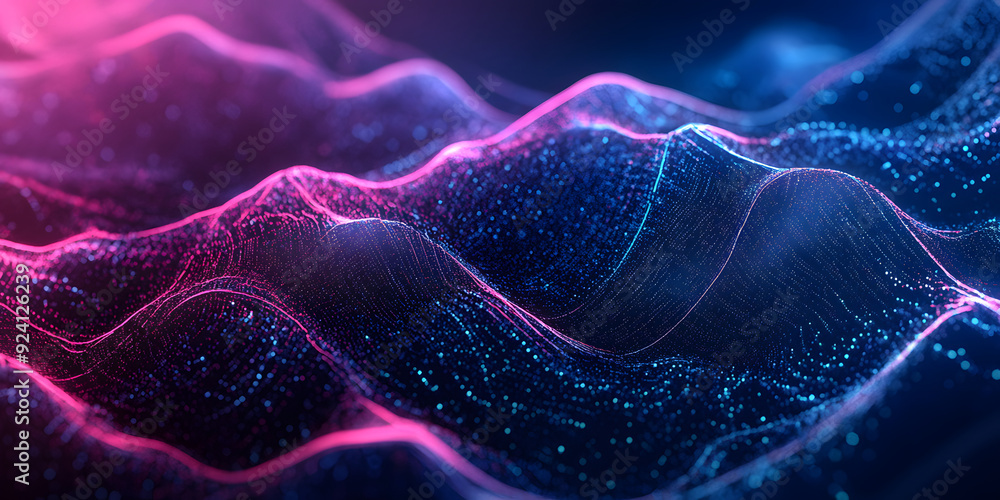 Poster abstract wavy background of many lines and dots with a blue-violet gradient. waves. neon colors
