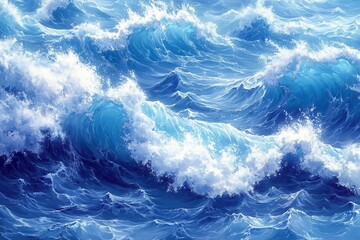 Fototapeta premium Waves crashing in vibrant shades of blue under bright sunlight at the ocean's surface