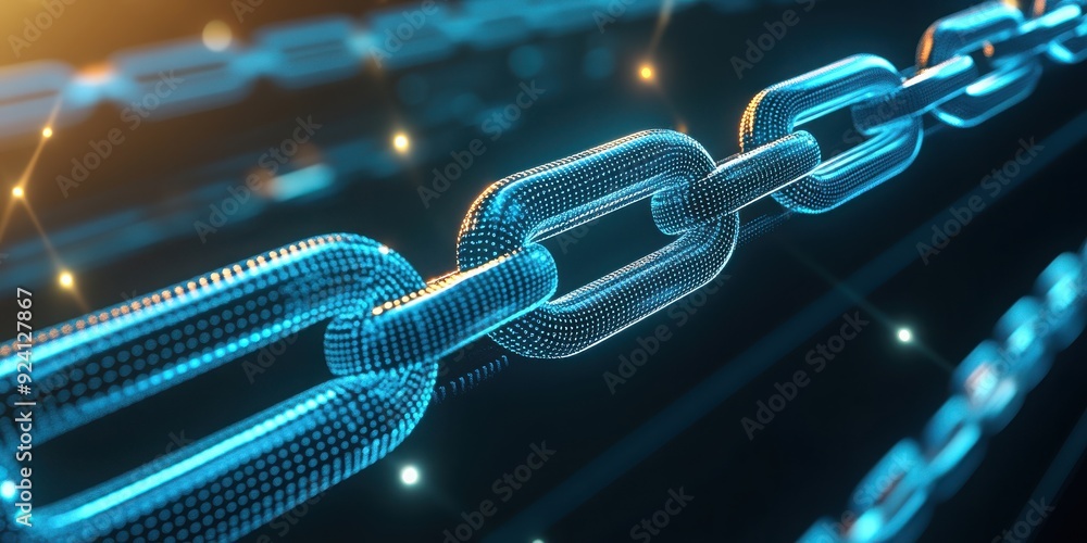 Poster a close-up of a futuristic digital chain link, symbolizing blockchain technology and connectivity in