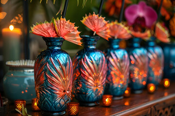 a row of blue vases with orange and blue flowers