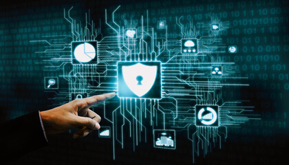Cyber Security and Digital Data Protection Concept. Icon graphic interface showing secure firewall technology for online data access defense against hacker, virus and insecure information for privacy.