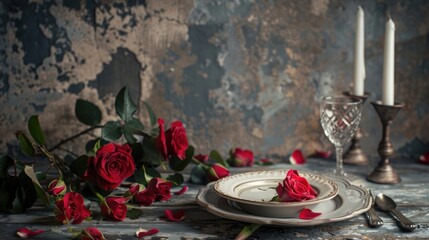 Table decor featuring roses contemporary dinnerware on weathered grey backdrop with room for text