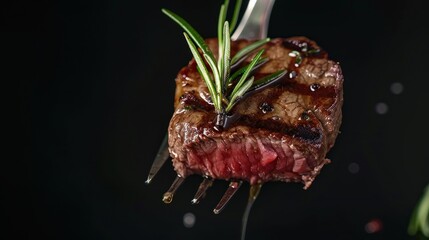Grilled beef ribeye steak with rosemary on a fork isolated on dark background
