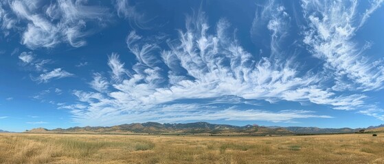Obraz premium Tranquil Midday Sky with Wispy Cirrus Clouds - Serene Atmospheric Background