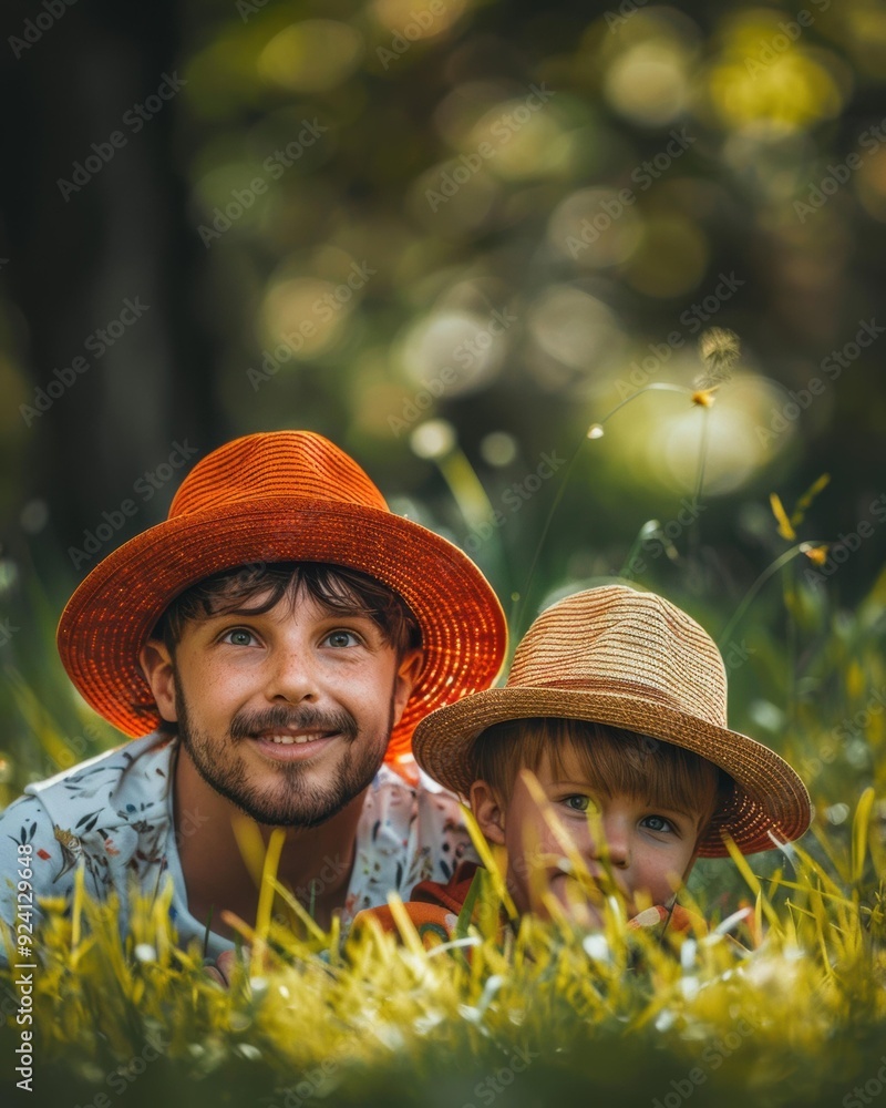 Wall mural a father and son share a moment of joy and laughter in a field of grass. ai.