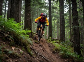 Fototapeta premium A mountain biker rides down a forest trail. AI.