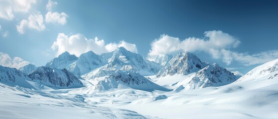 Majestic Snow-Covered Mountain Peaks Against a Clear Blue Sky with Fluffy Clouds