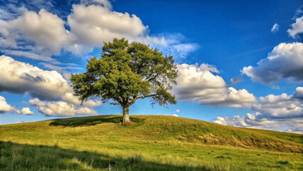 Obraz premium A single tree stands on a grassy hill under a clear blue sky and clouds natural background, solitude zen relax tree isolated various design