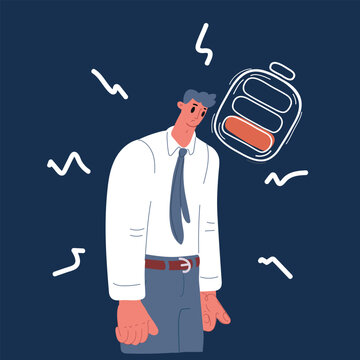 Cartoon vector illustration of Need for rest. Office worker, employee low battery symbolizing tiredness, fatigue. Recharge. Work overload. Concept of business, depression, deadlines over dark backgrou