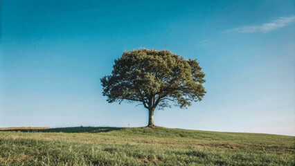 A single tree stands on a grassy hill under a clear blue sky and clouds natural background, solitude zen relax tree isolated various design