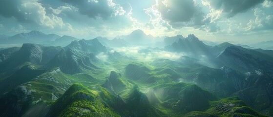 Majestic View of Mountain Range with Sunlight Filtering Through Partly Cloudy Sky