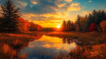Serene autumn landscape with vibrant orange trees, reflective pond, and a bright setting sun capturing nature's beauty.