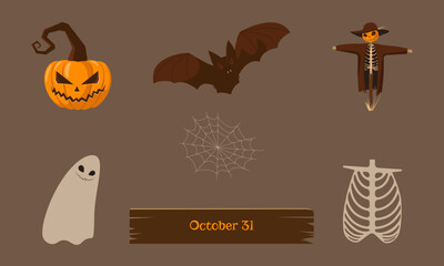 Halloween spooky set with pumpkin, bat, scarecrow, ghost, cobweb, skeleton and sign on isolated background. Vector illustration.
