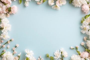 Fototapeta premium Elegant floral border with vibrant flowers lush greenery on light background. Ideal for decorative designs wedding invitations or romantic designs valentines day, mother's day, women's day