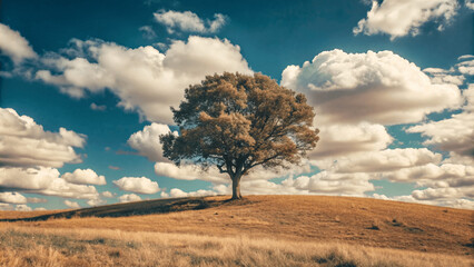 Obraz premium A single tree stands on a grassy hill under a clear blue sky and clouds natural background, solitude zen relax tree isolated various design