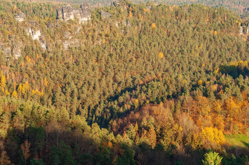 aerial view of autumn forest with rock formations