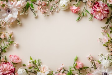 Obraz premium Elegant floral border with vibrant flowers lush greenery on light background. Ideal for decorative designs wedding invitations or romantic designs valentines day, mother's day, women's day