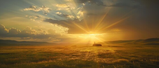 Obraz premium Majestic Golden Hour Sun Rays Piercing Dramatic Storm Clouds in over Vast Landscape