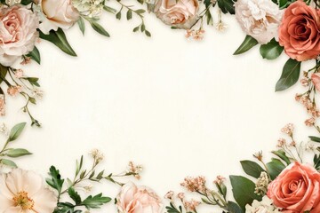 Elegant floral border with vibrant flowers lush greenery on light background. Ideal for decorative designs wedding invitations or romantic designs valentines day, mother's day, women's day