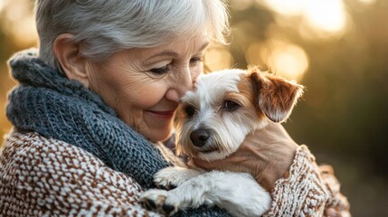Portrait of a senior woman smiling at the beach with her dog