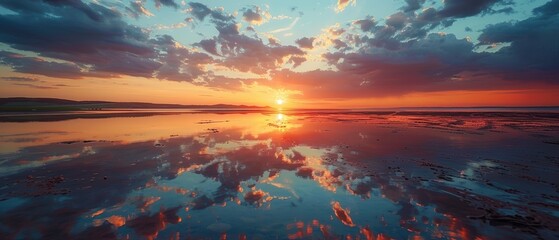 Tranquil Sunset with Radiant Clouds and Serene Sea Reflections