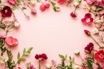 Elegant floral border with vibrant flowers lush greenery on light background. Ideal for decorative designs wedding invitations or romantic designs valentines day, mother's day, women's day