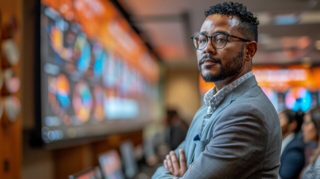 A business professional giving a presentation in a modern conference room. Generative AI
