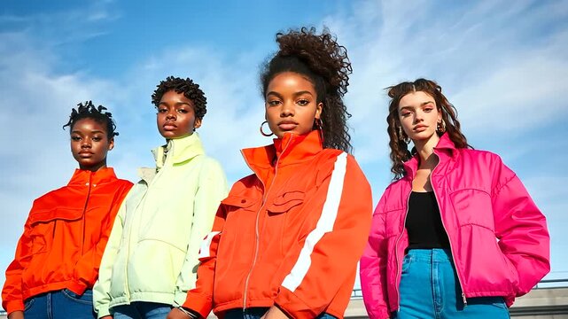 Confident young women in streetwear pose boldly in an urban backdrop, embodying empowerment and modern street style.