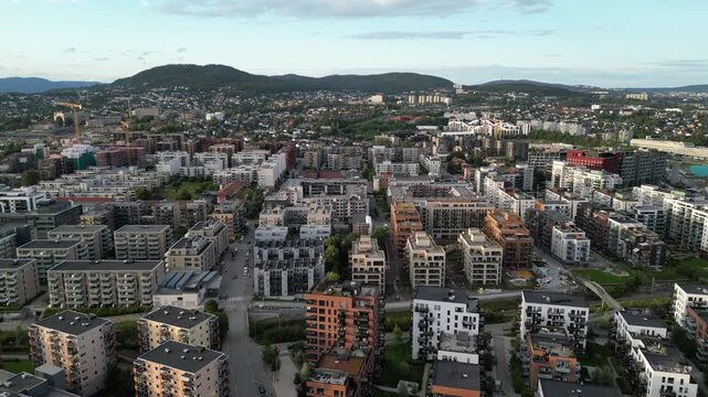 Drone video over Hasle, Oslo, with L&oslash;ren in the background, one area with many new buildings, mostly housing