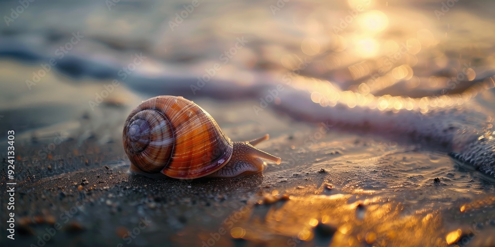 Aufkleber moon snail shell on seashore with shallow depth of field