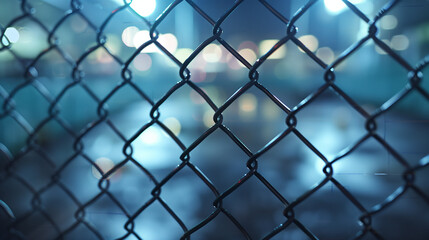 Fototapeta premium Close-up of a chain link fence with out-of-focus bokeh lights in the background, creating a moody urban scene
