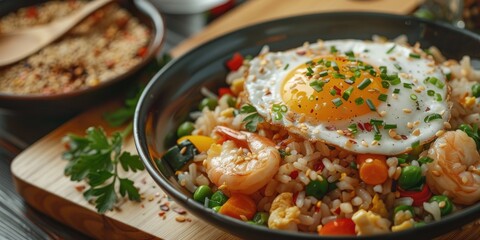 Delicious fried rice with shrimps mixed vegetables and a crispy fried egg