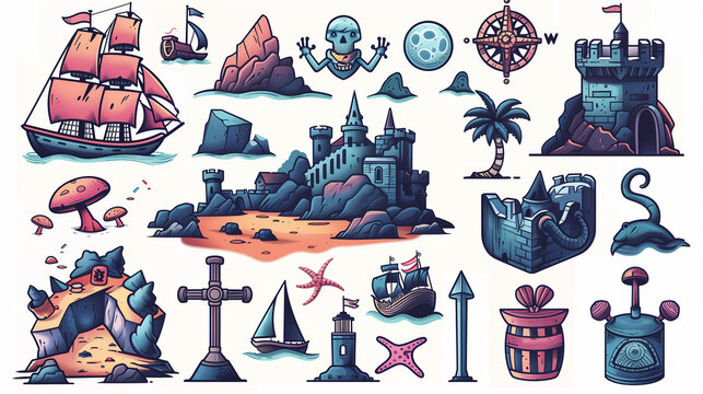 Colorful pirate-themed illustrations featuring ships, castles, treasure, and nautical elements on a white background