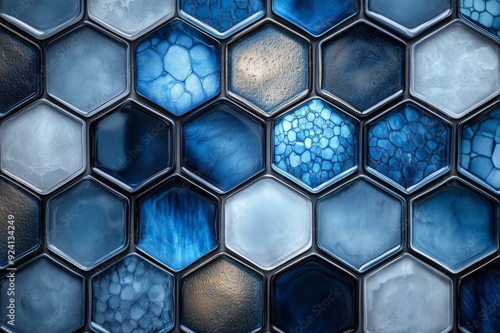 Wall mural Hexagonal tiles in varying shades of blue arranged in a captivating mosaic pattern