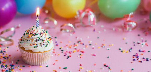 birthday cupcake with candle on a light pink table with decorations and balloons 