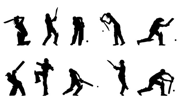 Silhouettes of cricket batsmen in various poses. Players swinging a bat making shots