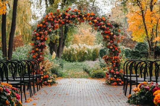 Autumn garden decorated with colorful flowers and chairs for a fall wedding celebration