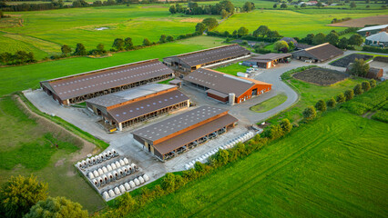 Dairy farm, featuring multiple large barns, green fields, cattle facilities and small animal housing units. Modern agriculture livestock farm with photovoltaic panels on the roofs of barn. 