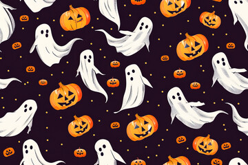 Halloween seamless pattern: cut out evil pumpkins, ghosts, bats on a black background. Wrapping paper. 