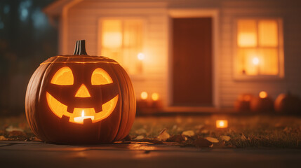 Fototapeta premium A friendly Jack o' Lantern with a playful expression, positioned by the entrance of a quaint cottage, with soft candlelight spilling out from the windows, Jack o' Lantern, cottage