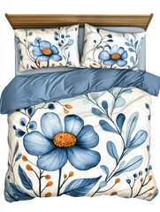 Elegant blue hand-drawn floral bedding set featuring a four-piece design on a serene background
