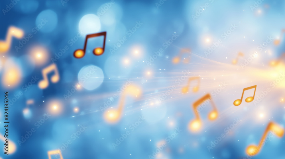 Poster an abstract music-themed background with floating musical notes cascading across the scene, interspe