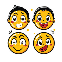 Four yellow smiley faces with various expressions and hearts.
